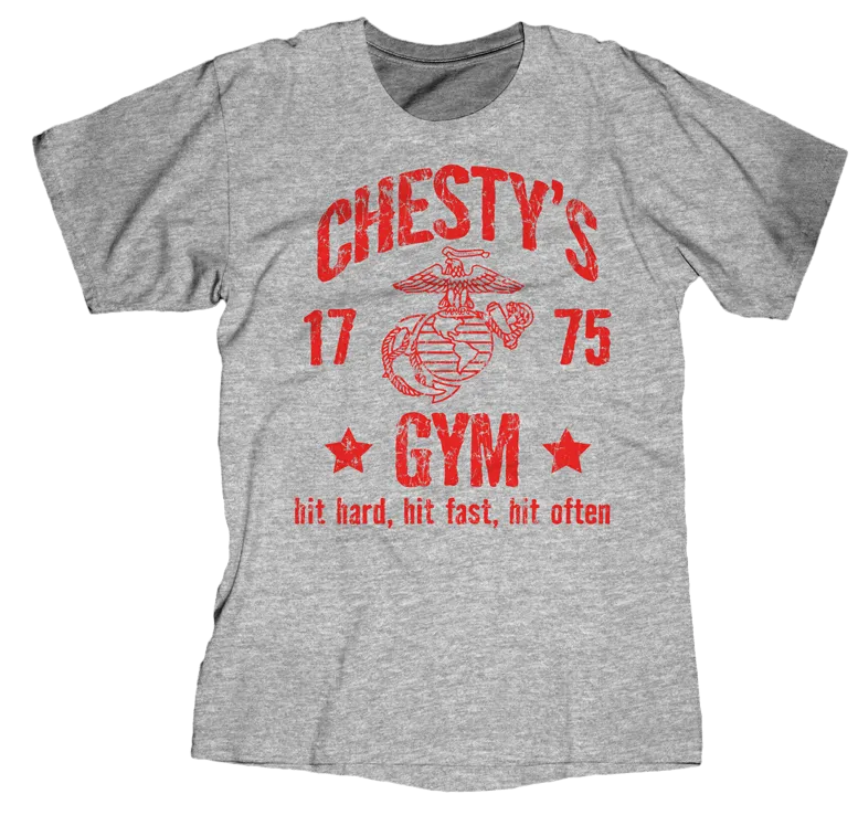 Chesty's Gym Adult USMC T-Shirt-Sport Grey w/Red