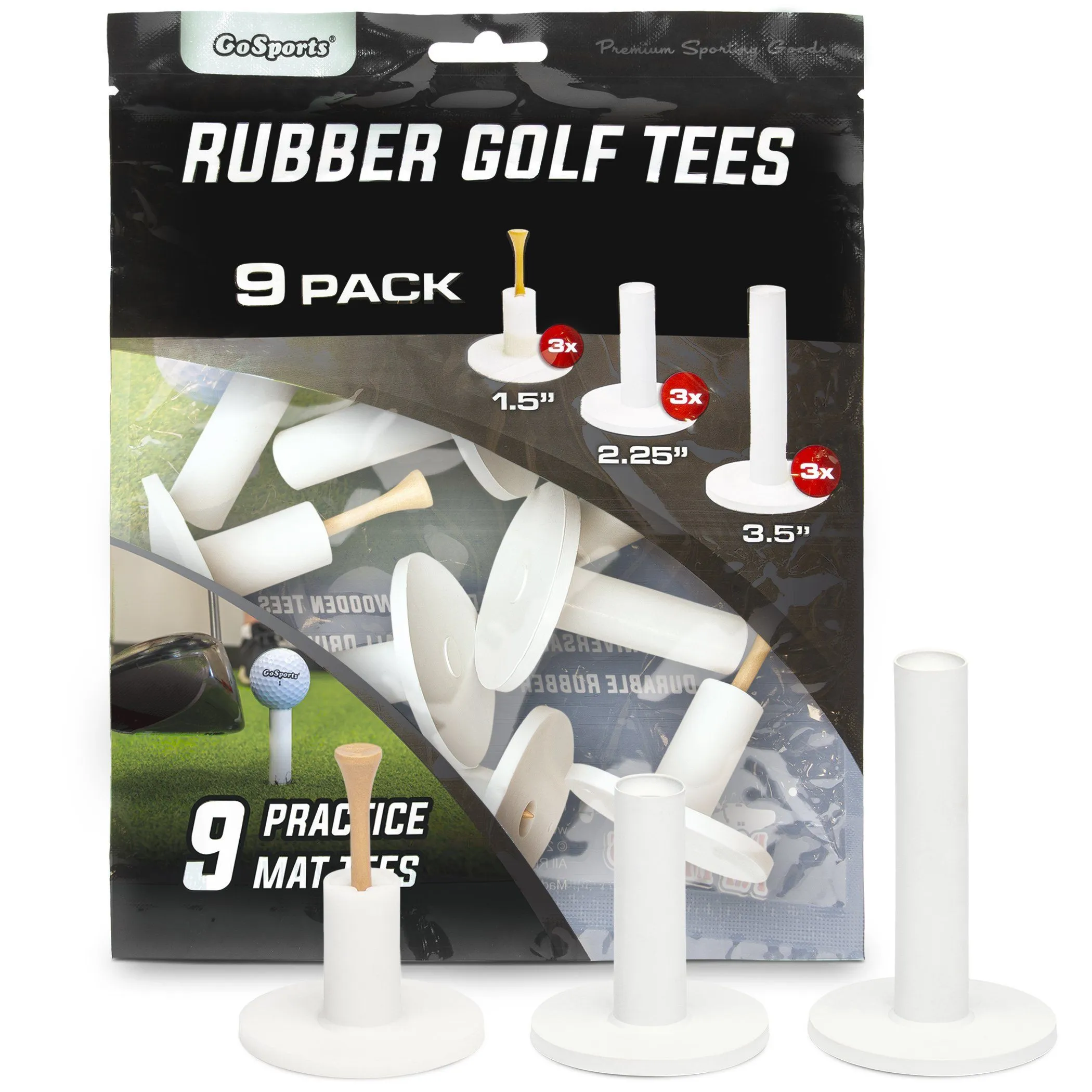 GoSports Rubber Golf Tees 9-Pack - 1.5", 2.25", 3.5"