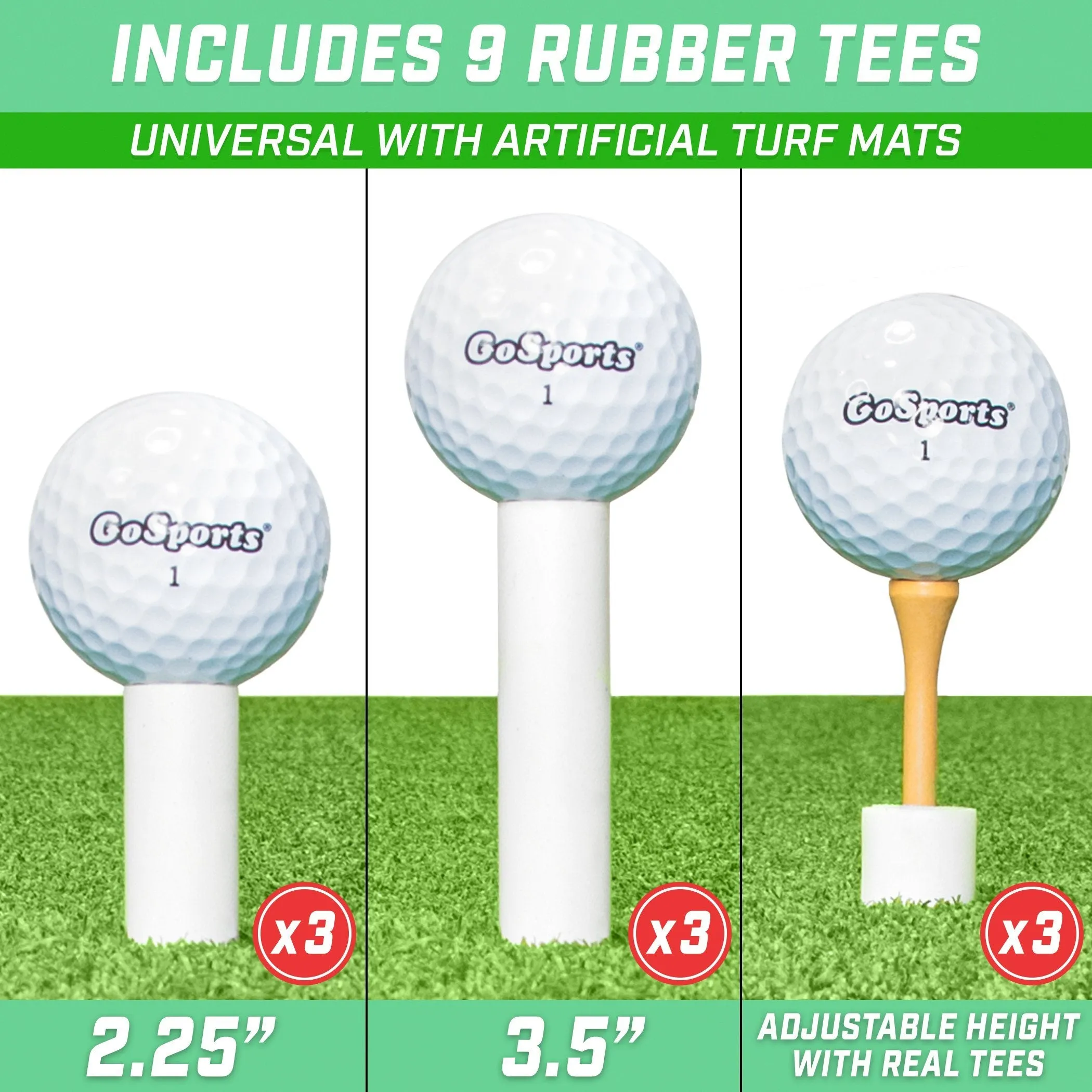 GoSports Rubber Golf Tees 9-Pack - 1.5", 2.25", 3.5"